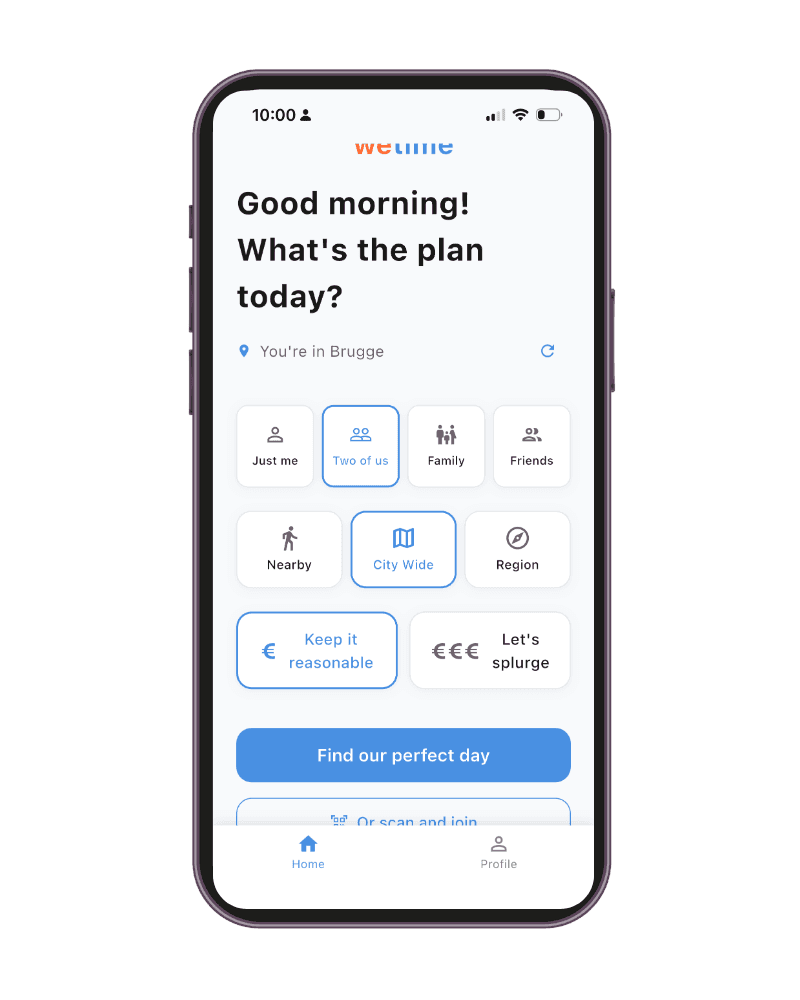 Wetime mobile app interface showing travel planning features